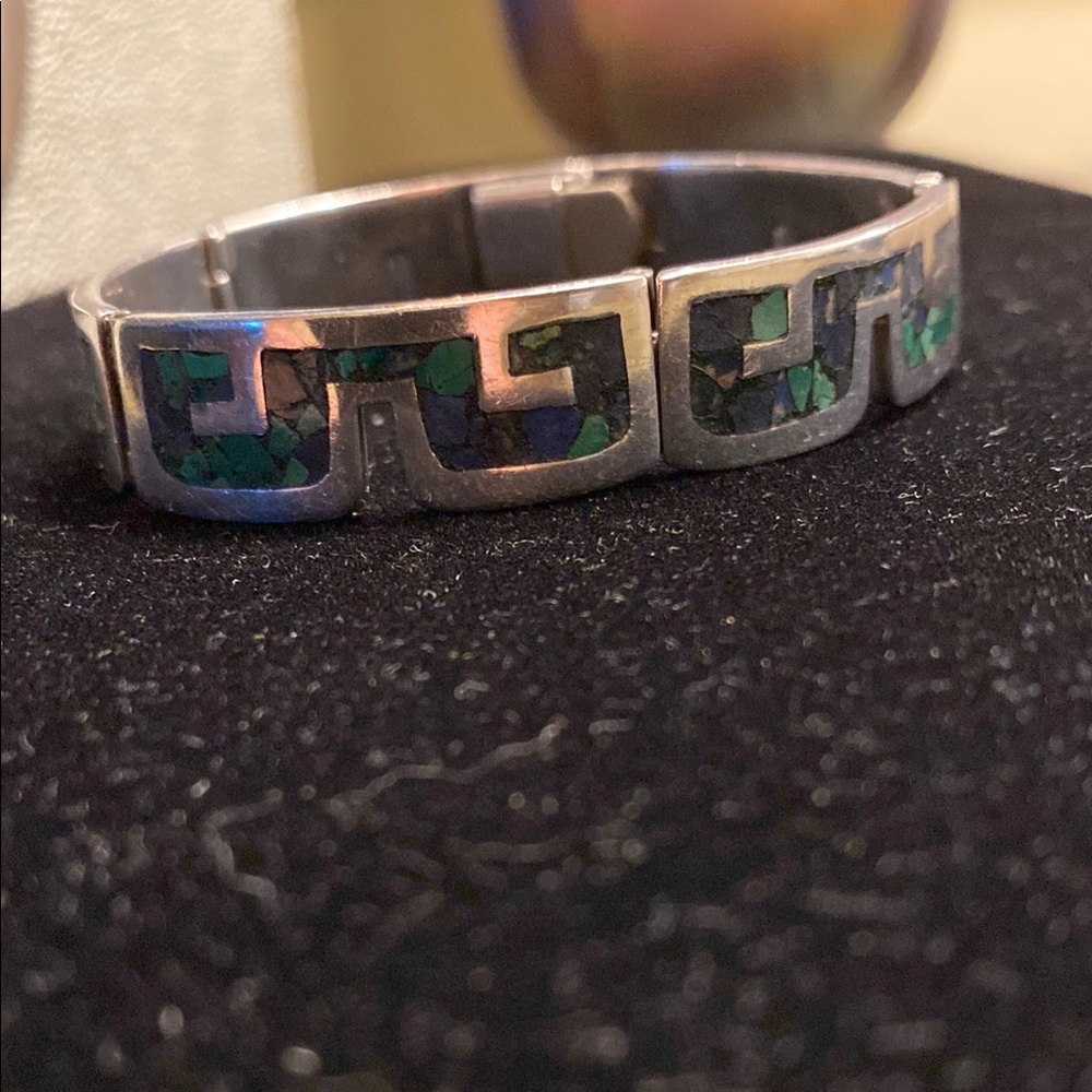 Rare Vtg Artee Platal Malachite & Lapis Inlay Sterling Silver Panel Bracelet